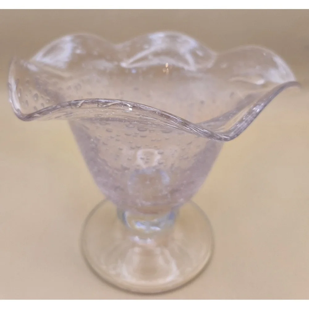 Vintage Pink Vase. Hand Blown Many Fun Bubbles Ruffled Rim